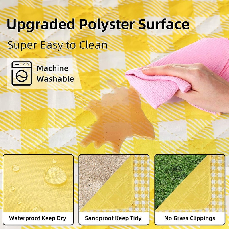 ZAZE Extra Large Picnic Blankets, 80''x80'' Washable Waterproof Foldable Oversized Compact Picnic Mat for Spring Summer Blanket Beach, Camping on Grass (Yellow and White) - Image 4